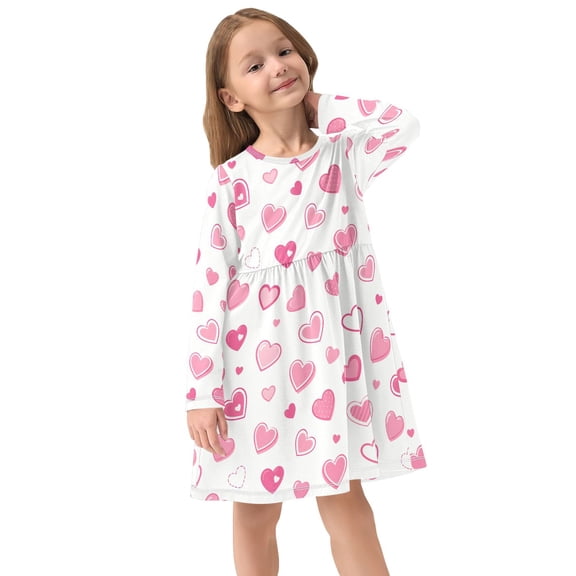 Girls Dress Soft Casual Long Sleeve Cute Dress for Girls Fashion Prints Heart Crew Neck