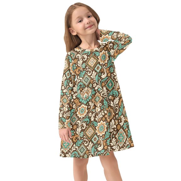 Girls Dress Soft Casual Long Sleeve Cute Dress for Girls Fashion Prints Lay Out The Crew Neck