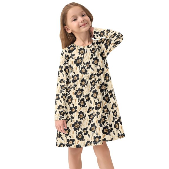 Girls Dress Soft Casual Long Sleeve Cute Dress for Girls Fashion Prints Leopard Print Flower Crew Neck