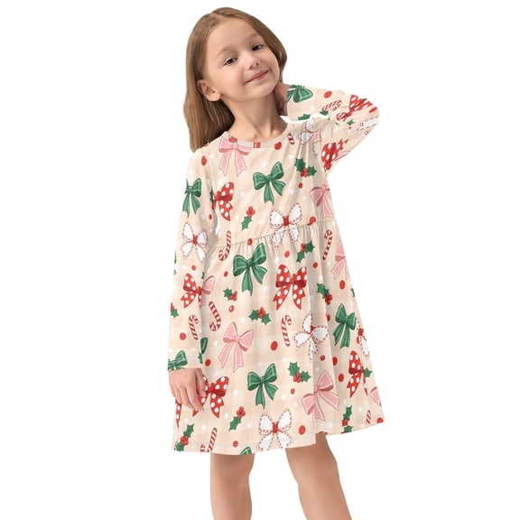 Girls Dress Soft Casual Long Sleeve Cute Dress for Girls Fashion Prints Many Bows Crew Neck