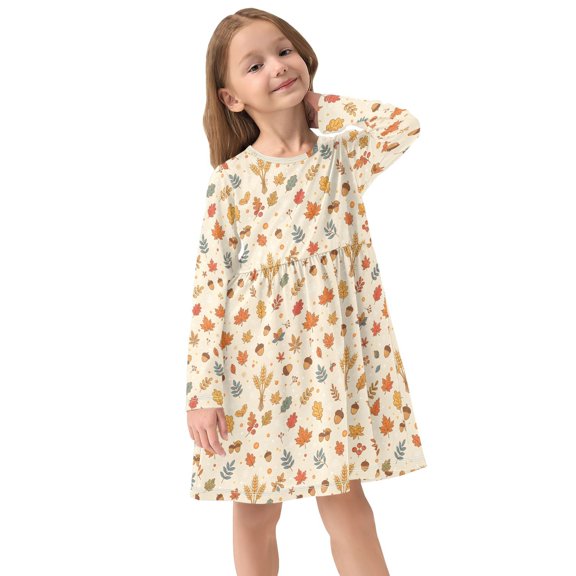 Girls Dress Soft Casual Long Sleeve Cute Dress for Girls Fashion Prints Maple Leaf_1 Crew Neck
