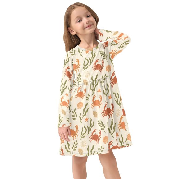 Girls Dress Soft Casual Long Sleeve Cute Dress for Girls Fashion Prints Orange Green Crabs Crew Neck