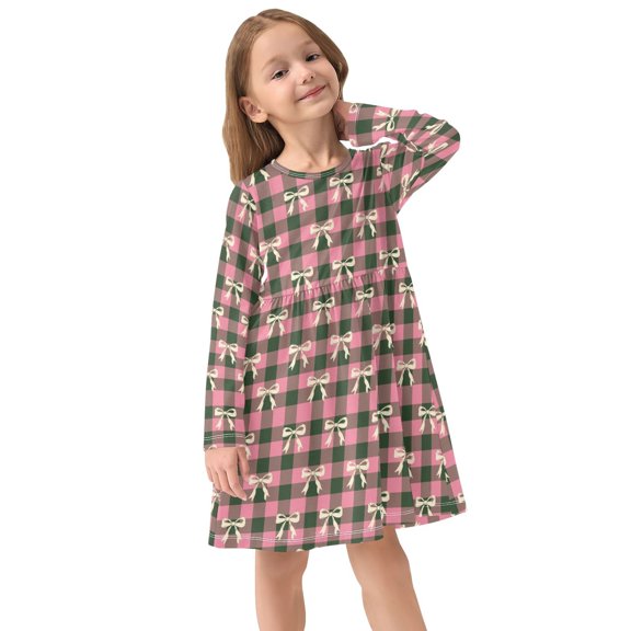 Girls Dress Soft Casual Long Sleeve Cute Dress for Girls Fashion Prints Pink Checkered Bow Crew Neck
