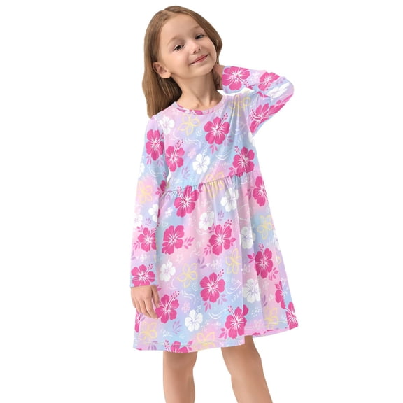 Girls Dress Soft Casual Long Sleeve Cute Dress for Girls Fashion Prints Pink Flower Crew Neck