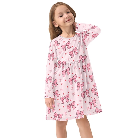 Girls Dress Soft Casual Long Sleeve Cute Dress for Girls Fashion Prints Pink Polka Dot Bowtie Crew Neck