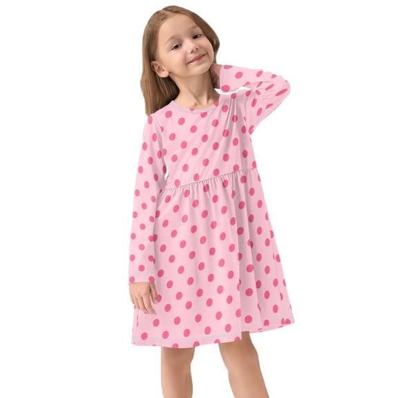 Girls Dress Soft Casual Long Sleeve Cute Dress for Girls Fashion Prints Pink Polka Dots Crew Neck