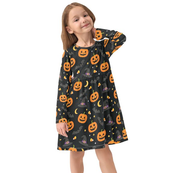 Girls Dress Soft Casual Long Sleeve Cute Dress for Girls Fashion Prints Pumpkin Crew Neck