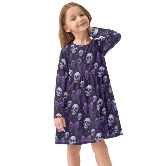 Girls Dress Soft Casual Long Sleeve Cute Dress for Girls Fashion Prints Purple Skull Bow Crew Neck