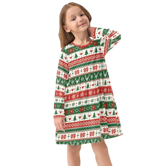 Girls Dress Soft Casual Long Sleeve Cute Dress for Girls Fashion Prints Red Christmas Crew Neck