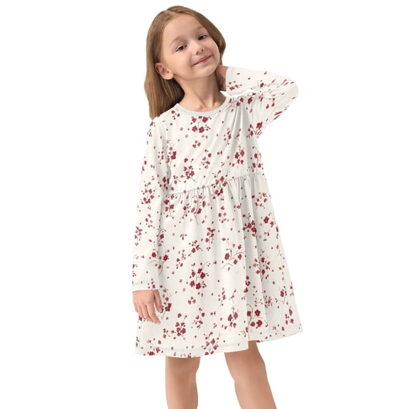 Girls Dress Soft Casual Long Sleeve Cute Dress for Girls Fashion Prints Red Floral Crew Neck