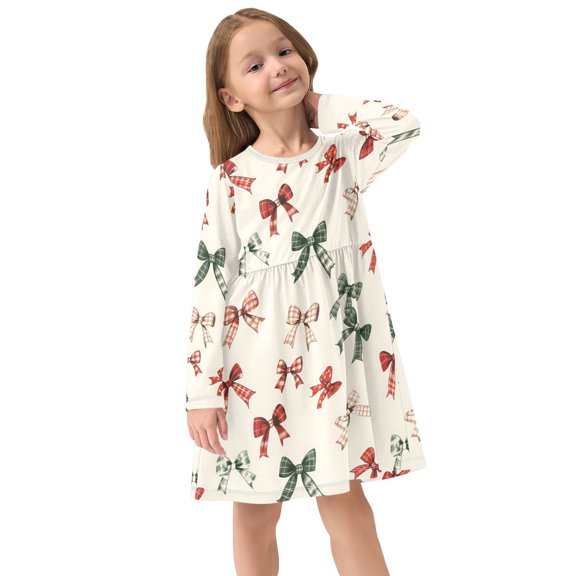 Girls Dress Soft Casual Long Sleeve Cute Dress for Girls Fashion Prints Red Green Bows Crew Neck