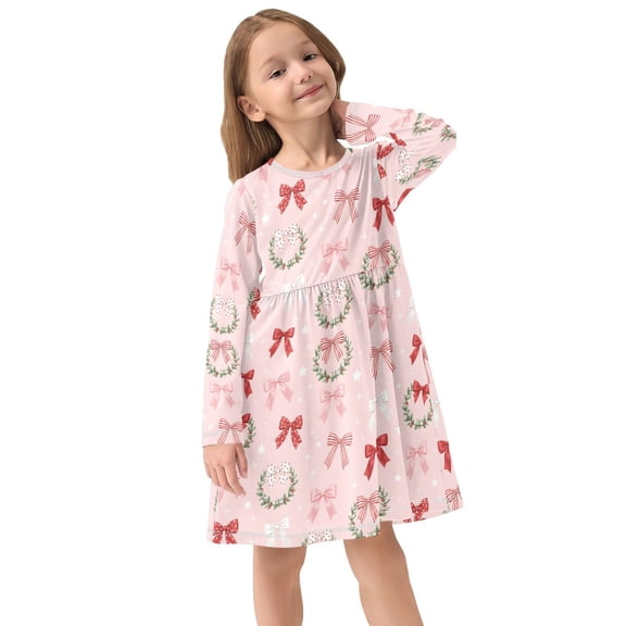 Girls Dress Soft Casual Long Sleeve Cute Dress for Girls Fashion Prints Red Pink Bow Crew Neck