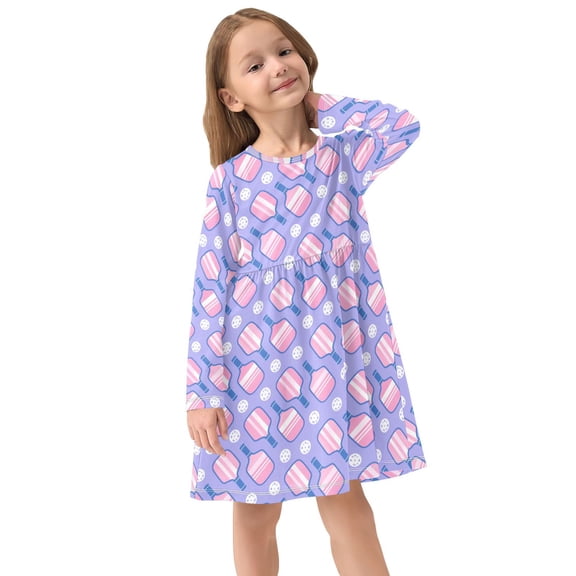 Girls Dress Soft Casual Long Sleeve Cute Dress for Girls Fashion Prints Seam Pickleball Crew Neck