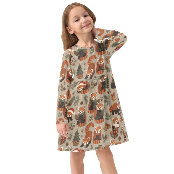 Girls Dress Soft Casual Long Sleeve Cute Dress for Girls Fashion Prints Seamless Red Pandas Crew Neck