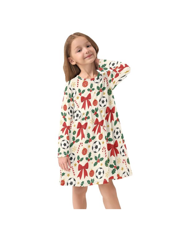 Girls Dress Soft Casual Long Sleeve Cute Dress for Girls Fashion Prints Soccer Ball Crew Neck