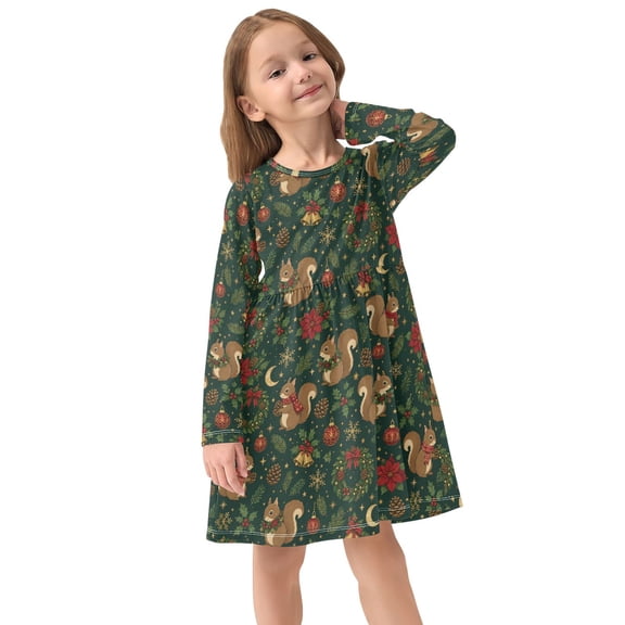 Girls Dress Soft Casual Long Sleeve Cute Dress for Girls Fashion Prints Squirrels Crew Neck