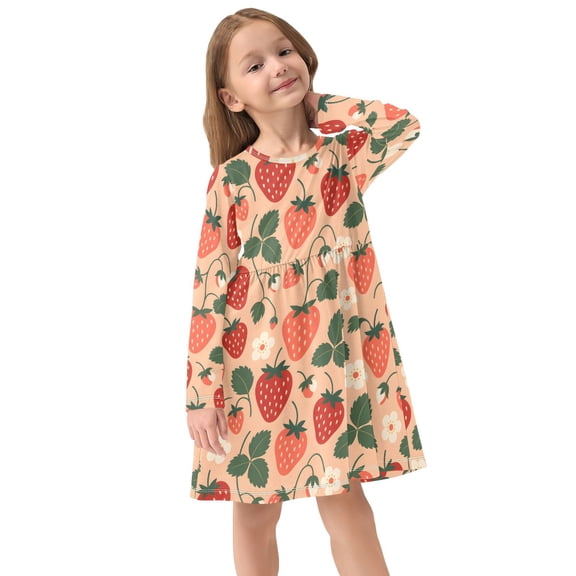 Girls Dress Soft Casual Long Sleeve Cute Dress for Girls Fashion Prints Strawberry Crew Neck