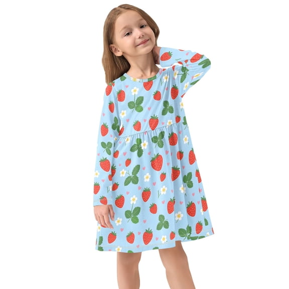 Girls Dress Soft Casual Long Sleeve Cute Dress for Girls Fashion Prints Strawberry Flower Crew Neck
