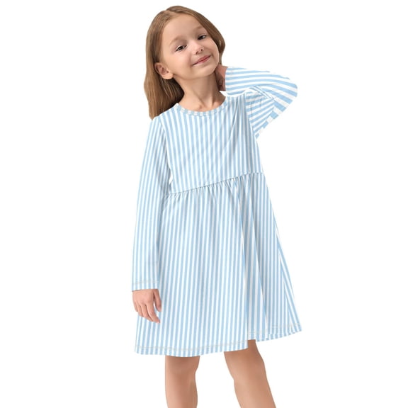 Girls Dress Soft Casual Long Sleeve Cute Dress for Girls Fashion Prints Stripe Crew Neck