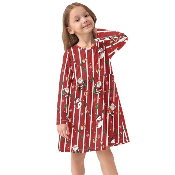 Girls Dress Soft Casual Long Sleeve Cute Dress for Girls Fashion Prints Striped Christmas Crew Neck