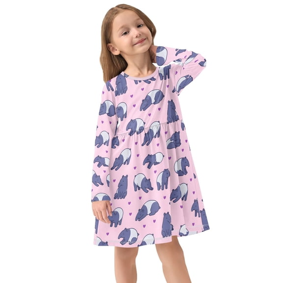 Girls Dress Soft Casual Long Sleeve Cute Dress for Girls Fashion Prints Tapir Crew Neck
