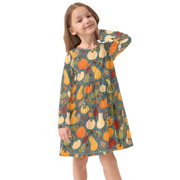 Girls Dress Soft Casual Long Sleeve Cute Dress for Girls Fashion Prints Vintage Pumpkin Crew Neck