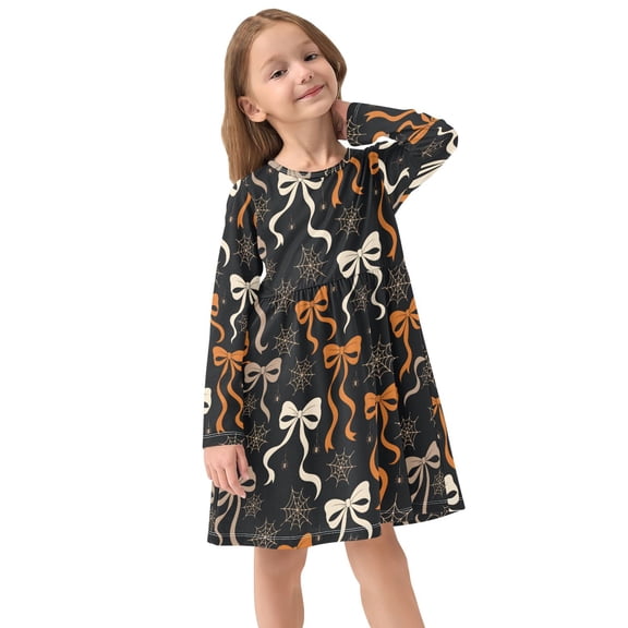 Girls Dress Soft Casual Long Sleeve Cute Dress for Girls Fashion Prints Web Bow Crew Neck