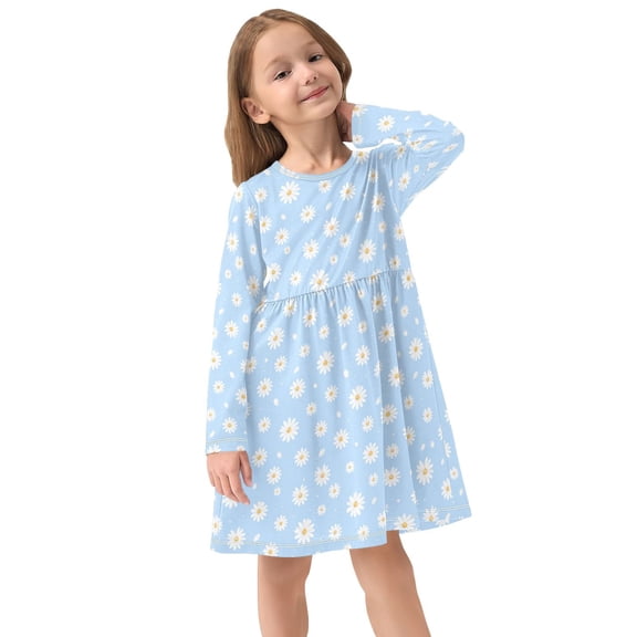 Girls Dress Soft Casual Long Sleeve Cute Dress for Girls Fashion Prints White Daisies Crew Neck