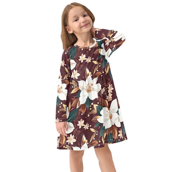 Girls Dress Soft Casual Long Sleeve Cute Dress for Girls Fashion Prints White Flower Crew Neck