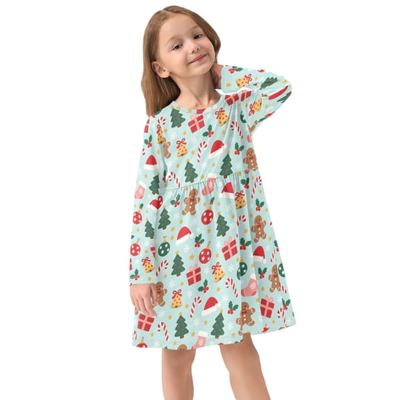 Girls Dress Soft Casual Long Sleeve Cute Dress for Girls Fashion Prints Xmas Gingerbread Snowflake Crew Neck
