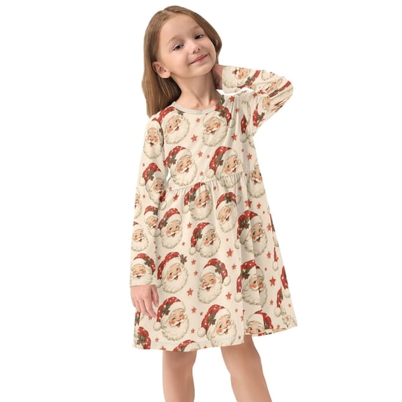 Girls Dress Soft Casual Long Sleeve Cute Dress for Girls Fashion Prints Xmas Santa Claus Crew Neck