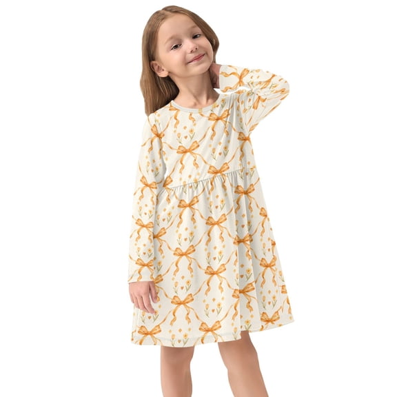 Girls Dress Soft Casual Long Sleeve Cute Dress for Girls Fashion Prints Yellow Bow Floral Prints Crew Neck