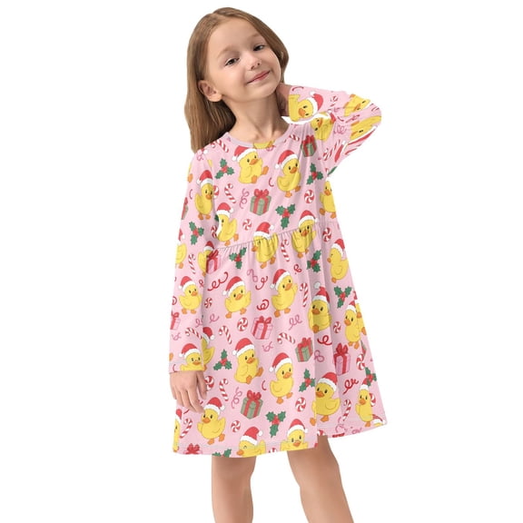 Girls Dress Soft Casual Long Sleeve Cute Dress for Girls Fashion Prints Yellow Duck Crew Neck