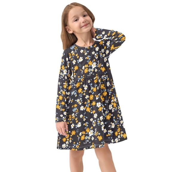 Girls Dress Soft Casual Long Sleeve Cute Dress for Girls Fashion Prints Yellow Floral Crew Neck