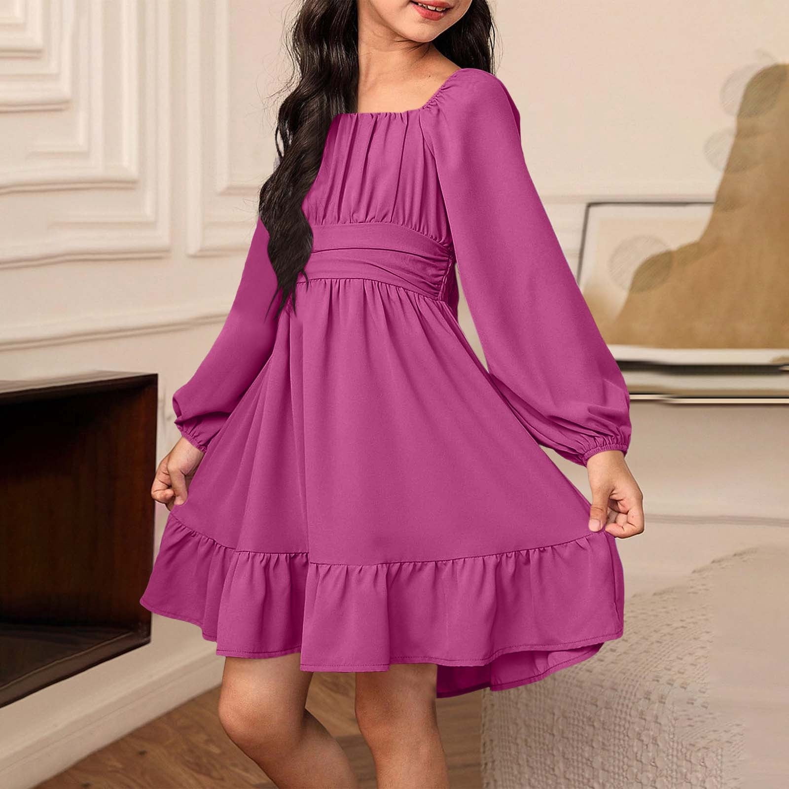 Girls Dress, Solid Color and Long Sleeve, One-Piece Outfit for Daily ...