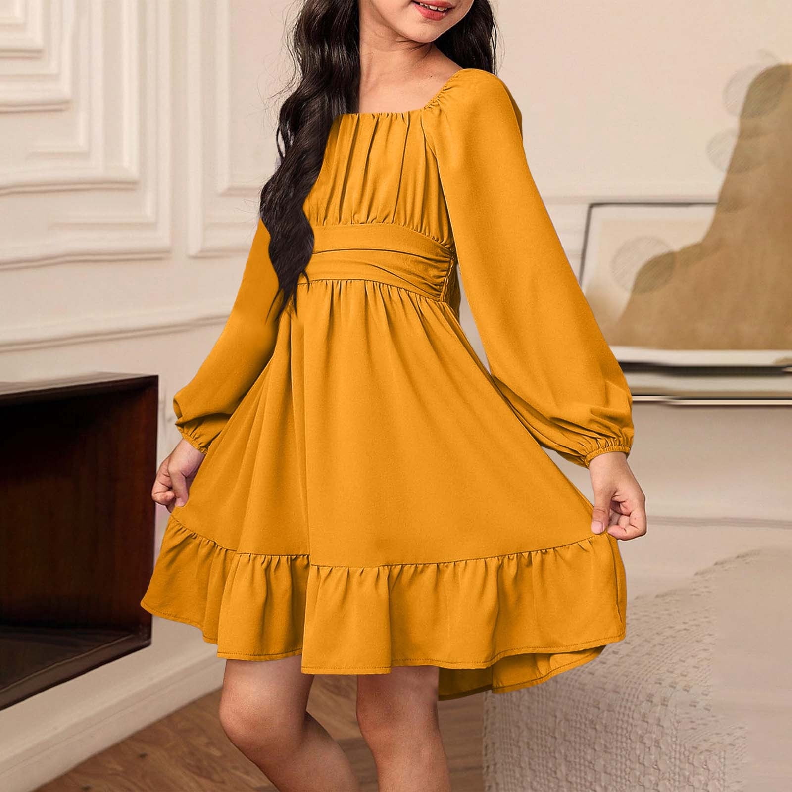 Girls Dress, Solid Color and Long Sleeve, One-Piece Outfit for Daily ...