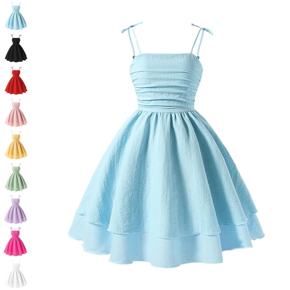 Girls Dress Spaghetti Strap Smocked Ruched Flared Swing Dress Kids Dresses 7-8 Years