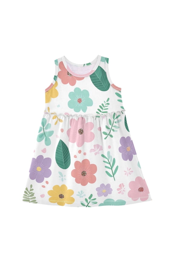 Girls Dress Spring Flowers and Leaves Pink Sky with Stars and Bokeh Sleeveless Dress for Girls Hem A-Line Casual Sundress