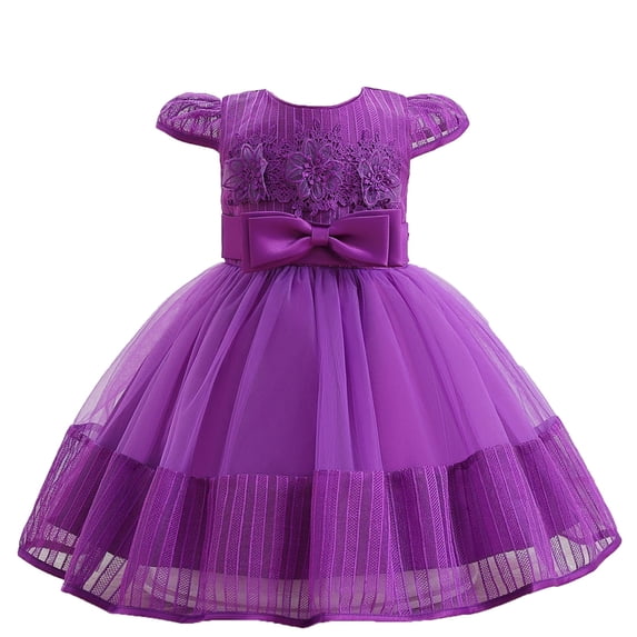 Girls Dress Spring Summer Solid Embroider Short Sleeve Ruffle Lace Tulle Princess Dresses Baby Girl Dress Purple 2 Years-3 Years