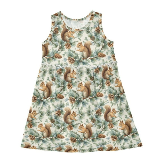 Girls Dress Squirrel Pine Cone Sleeveless Dress for Girls Hem A-Line Casual Sundress