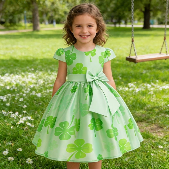 Girls Dress St. Patrick's Day Short Sleeve Shamrock Four Leaf Clover Print Princess Dresses Bow Tie Party Sundress