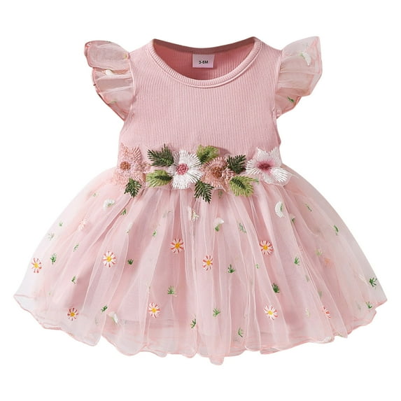 Girls Dress Summer Casual Flying Sleeve Flower Princess Dresses Baby Girl Dress Pink 3 Months-6 Months