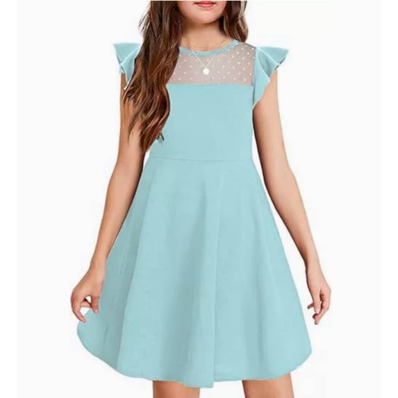 Girls Dress Summer Ruffle Sleeve Mesh A Line Casual Dress Princess Party Dresses with Pockets