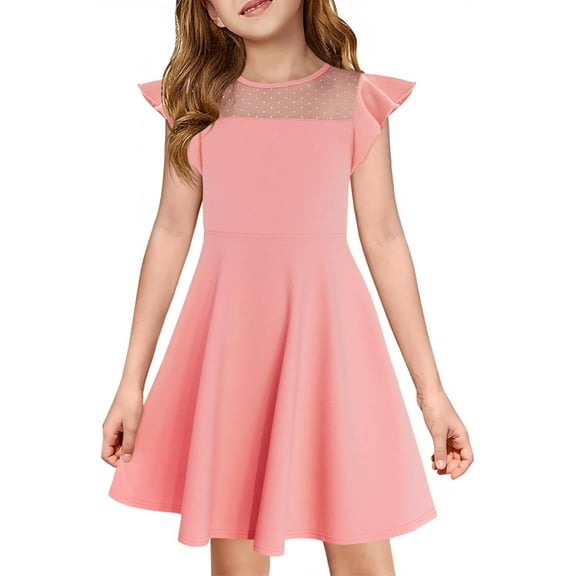 Girls Dress Summer Ruffle Sleeve Mesh Casual Party Dresses with Pockets for Kids