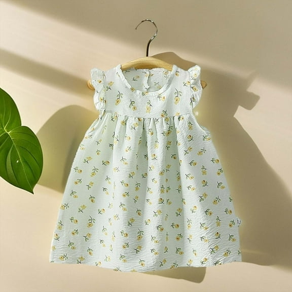 Girls Dress Summer Toddler Baby Girls Casual Floral Dress Flutter Sleeve Loose Breathable Dresses Baby Dress Green 0 Months-6 Months
