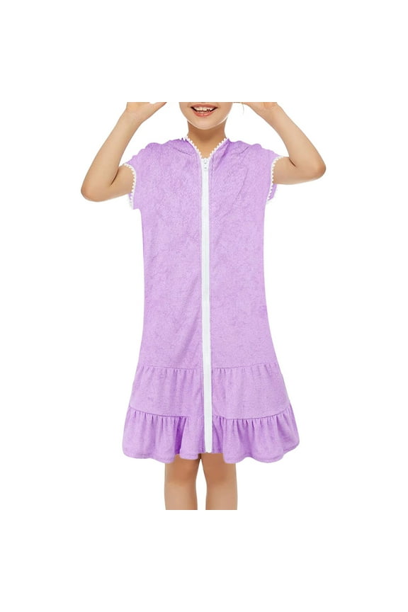 Girls Dress Swim Cover Up Swimsuit Coverup Zip Up Beach Bathing Suit Hooded Bathrobe Absorbent Terry Beach Toddler Girls ,Size 6 Years-7 Years