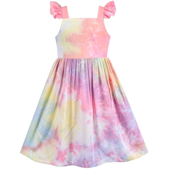 Sunny Fashion Girls Dress Tie Dye Backless Pink Bow Tie Cross Ruffle Flare Sleeve 4 Years