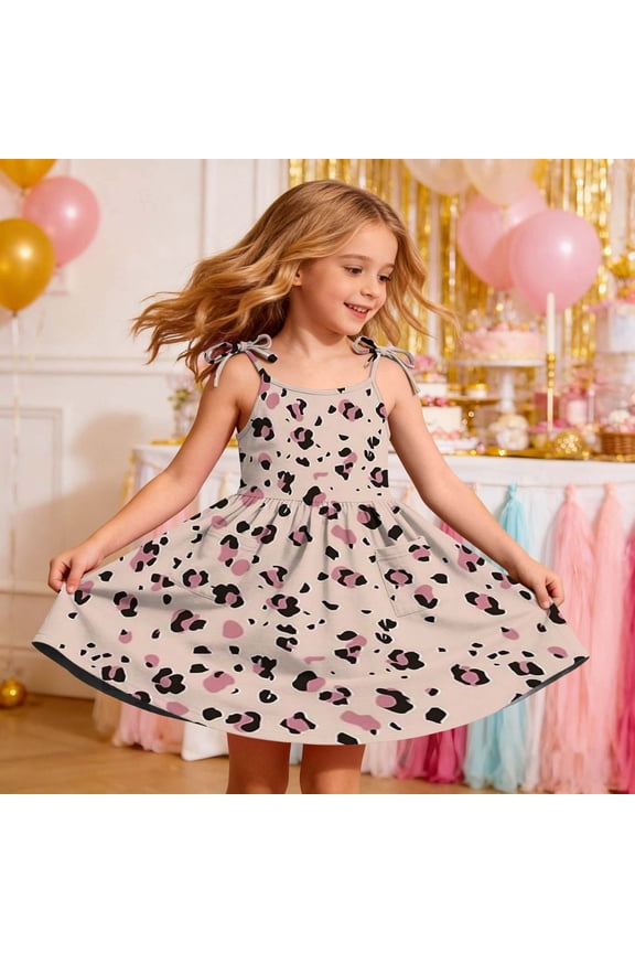 Girls' Dress Toddler Cute Leopard Print Sleeveless Straps Casual with Pocket Tiered Sundress Brown 11 Years