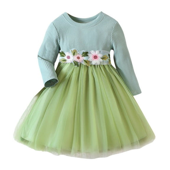 Girls Dress Toddler Girls Long Sleeve Embroider Ribbed Dresses Floral Tulle Princess Dress Green 2 Years-3 Years