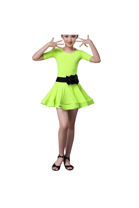Girls Dress Toddler Kids Girls Latin Ballet Dress Party Dance Wear Ballroom Dance 3 Piece Dress With Belt Green 10 Years-11 Years